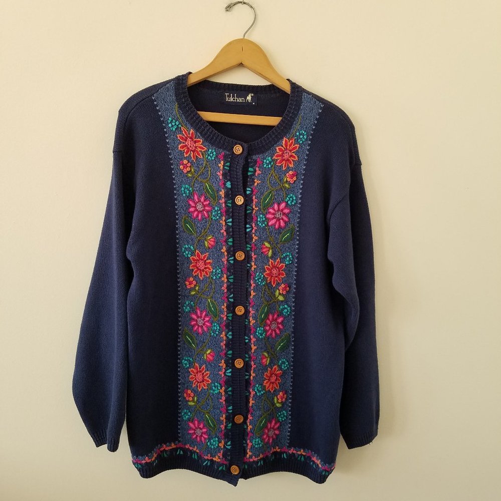 Tulchan Cardigan Sweater with Embroidered Detail Size M